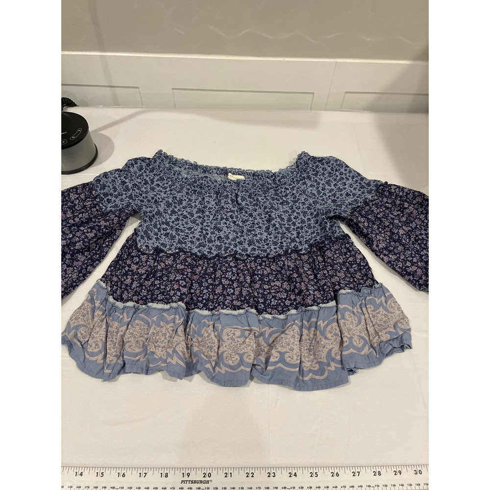 Aeropostale Womens XS Blue Floral Paisley Tiered CropmOff Shoulder  Sleeve Top